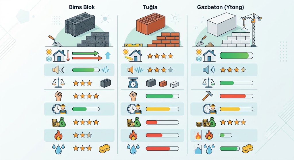 Duvar Örümünde Bims Blok, Tuğla ve Gazbeton (Ytong) Karşılaştırması