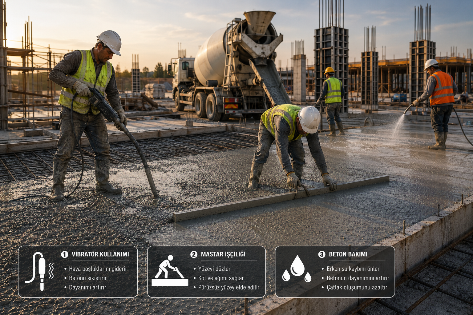 Şantiyede Hazır Beton Uygulaması: Vibratör Kullanımı, Mastar İşçiliği ve Beton Bakımı